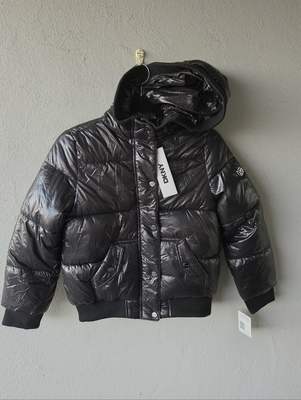 DKNY Girls Shiny Black Quilted Hooded Puffer Jacket Sz S 7 8 NWT